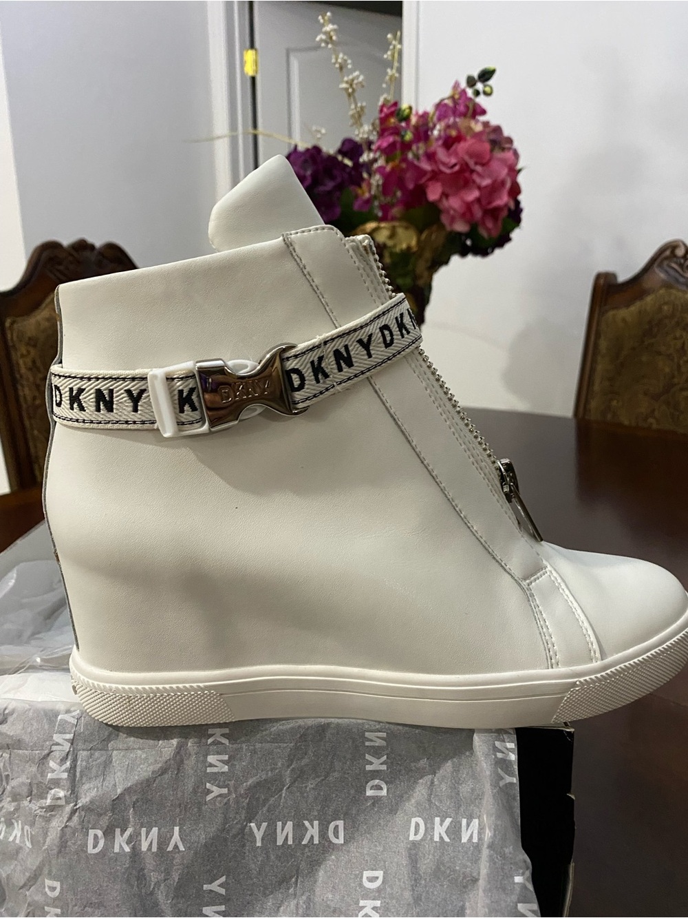 DKNY White Leather Wedge Sneaker Boot with Branded Strap
